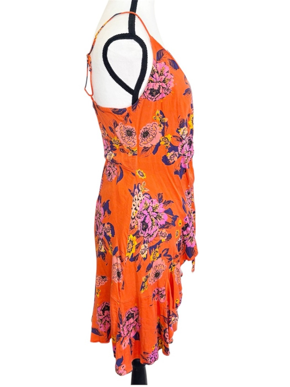 FREE PEOPLE Happy Heart Floral Mini Dress Orange Tie Front Smocked Back M Slip - Picture 3 of 8